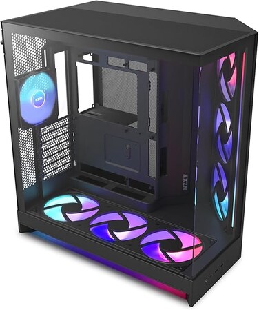 NZXT H9 Flow RGB, (2025) - Large Dual Chamber ATX Mid-Tower Airflow PC Case - Includes 7 RGB Fans (6 x 140 mm, 1 x 120 mm) and Control Stroke - 420 mm Radiator Support - Black