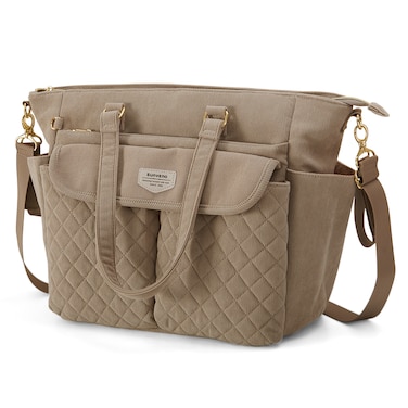 SUNVENO Corduroy Diaper Bag with Changing Mat and Stroller Straps - Beige Khaki