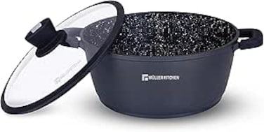 Muller Kitchen Cooking Pot with Glass Lid, 20 Cm 2.2 Liter, Die-Cast Aluminum German Nonstick Marble Granite Coating, PFOA FREE - MK-3002