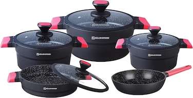 Muller Kitchen Cookware Set 9 Pieces, Die-Cast Aluminum German Nonstick Marble Granite Coating, PFOA FREE - Mk-3011