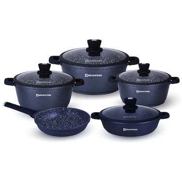 Muller Kitchen Cookware Set 9 Pieces, Die-Cast Aluminum German Nonstick Marble Granite Coating, PFOA FREE - Mk-3031