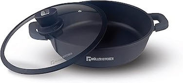 Muller Kitchen Cooking Casserol with Glass Lid, 32 Cm 5.6 Liters, Die-Cast Aluminum German Nonstick Marble Granite Coating, PFOA FREE - MK-3024