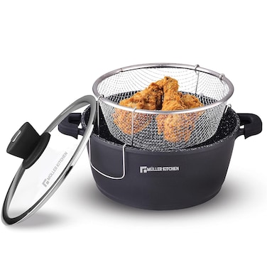 Muller Kitchen Deep Fryer with wire fry basket 26 Cm 5.5 Liter, Die-Cast Aluminium (German Marble Granite Nonstick Coating Technology), PFOA FREE -  Mk-3016