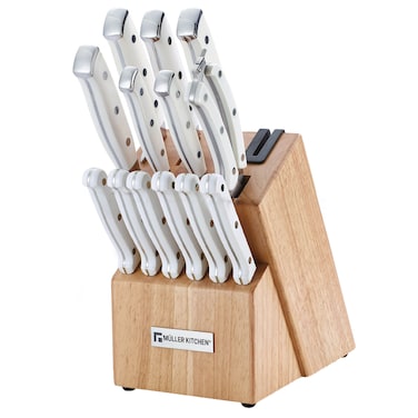 Muller Kitchen 15 Pcs of Stainless Steel Knife set White Handles with Wooden Block and Built-in Knife Sharpener - MK-2815