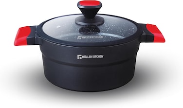 مولر كيتشن قدر طهي بريميوم بغطاء زجاجي سعة 28 سم 7.2 لتر، مصنوع من الالومنيوم المصبوب (تقنية طلاء الجرانيت الرخام الالماني غير اللاصق)، خالي من حمض بيرفلورو الأوكتانويك، موديل MK-3048