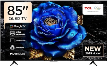 تلفزيون ذكي 85 بوصة 4K QLED ملون كوانتوم كريستال HDR 10+ جوجل للألعاب اونكيو 2.1 هاي فاي دولبي اتموس دي تي اس فيرتشوال اكس ام اي ام سي تحكم صوتي جيم ماستر تصميم نحيف 85P7K من تي سي ال