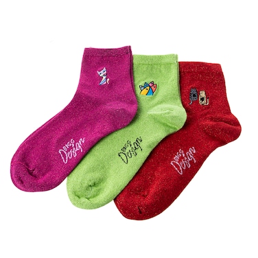 3 Pair Of Printed Socks Purple/Green/Red