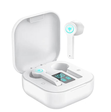 سماعات أذن بلوتوث من Moodix KI23K49 مع شاشة عرض LED وتحكم باللمس الذكي، باللون الأبيض