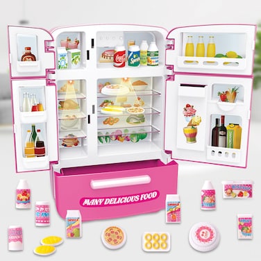 لعبة ثلاجة متعددة الأبواب من أوجي موجي تويز - لعبة ثلاجة تفاعلية تظاهرية للأطفال من سن 3 سنوات فما فوق، لعبة مطبخ واقعية مع أضواء وأصوات ومساحة تخزين