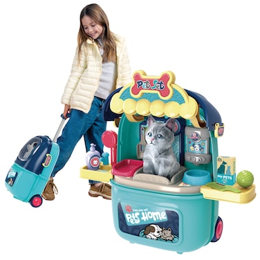 مجموعة ألعاب الحيوانات الأليفة من أوجي موجي تويز، حقيبة عربة - لعبة محمولة 2 في 1 للعناية بالحيوانات الأليفة مع قطيفة وملحقات للقطط - مجموعة العناية بالحيوانات الأليفة وإطعامها للأطفال