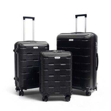 مجموعة حقائب سفر بيج ديزاين من 3 قطع مزودة بقفل إدارة أمن النقل - حقائب سفر خفيفة الوزن ذات هيكل صلب وعجلات دوارة، وحقائب سفر قابلة للتداخل (20/24/28 بوصة، لون أسود)