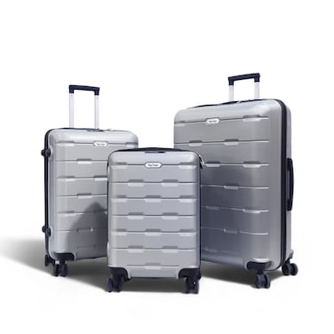 مجموعة حقائب سفر بيج ديزاين من 3 قطع مزودة بقفل إدارة أمن النقل - حقائب سفر خفيفة الوزن ذات هيكل صلب وعجلات دوارة، وحقائب سفر قابلة للتداخل (20/24/28 بوصة، فضية)