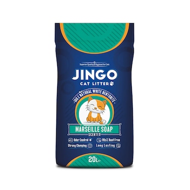 تراب فضلات مع البنتونيت الأبيض الطبيعي للقطط من جينجو - برائحة صابون مارسيليا - 20 ليتر