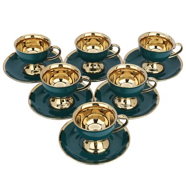 فنجان قهوة تركية خضراء طقم بقاعدة ذهبية، 12 قطعة