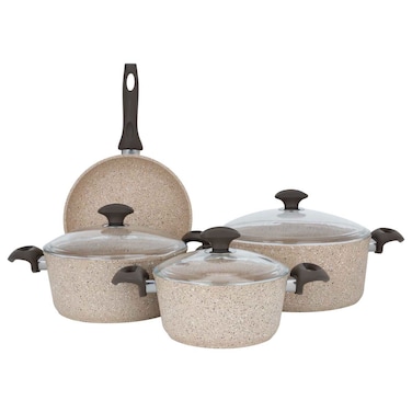 طقم أواني طهي من الجرانيت بغطاء زجاجي، 7 قطع، تركي - بني فاتح