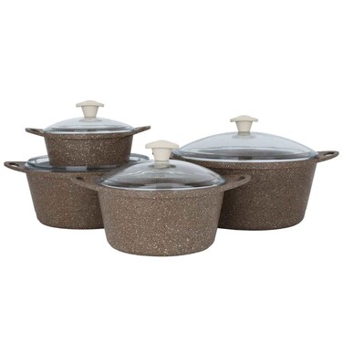 Saif Gallery Granite Cookware Set (Turkish) 8 Pieces Glass Lid - Brown