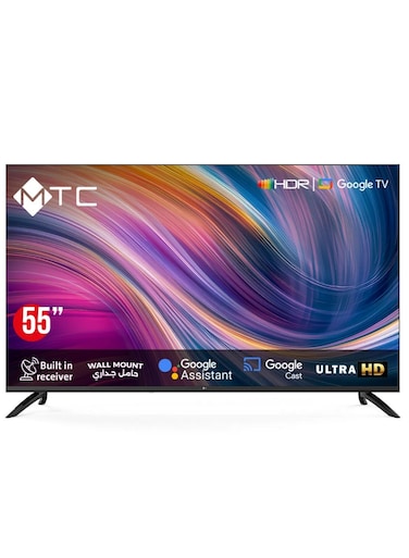 شاشة ذكية ام تي سي نظام تشغيل جوجل تي في عالي الوضوح UHD، مقاس 55 بوصة، مع ريسيفر مدمج، ومساعد جوجل، مع حامل جداري - موديل MT55UH450GO
