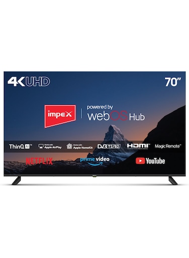 تلفزيون إمبكس الذكي LED بدقة 4K UHD مقاس 70 بوصة، نظام تشغيل ويب، صوت دولبي، جهاز تحكم عن بعد سحري، شاشة من الدرجة A+، تصميم فائق النحافة، منفذا USB، 3 منافذ HDMI FIESTA 70 أسود