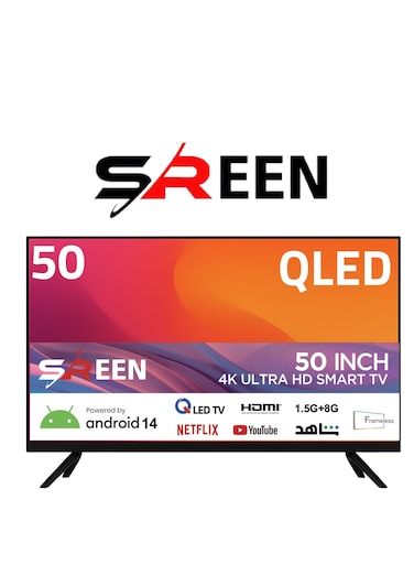 تلفزيون ذكي بدون إطار بدقة 4K UHD مقاس 50 بوصة، يعمل بنظام Android 14، مزود بمنافذ HDMI وUSB، ويدعم Wi-Fi وNetflix وYouTube، طراز SRET-50S4KQ2