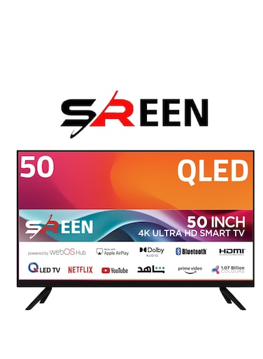 تلفزيون ذكي LED بدقة 4K UHD مقاس 50 بوصة، طراز SRET-50S4KWQ2، مزود بنظام WebOS Hub، وتقنية Dolby Audio، وتقنية Bluetooth، وتقنية Apple AirPlay، ومنفذ HDMI، بالإضافة إلى Netflix وYouTube.