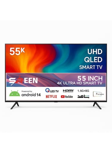 تلفزيون ذكي بشاشة 55 بوصة بدون إطار بدقة 4K UHD يعمل بنظام Android 14 مع واي فاي، منفذ HDMI، ونتفليكس، SRET-55S4KQ2