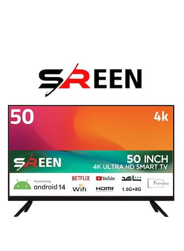 تلفزيون ذكي بشاشة 50 بوصة يعمل بنظام أندرويد 14، بدقة 4K UHD (3840×2160)، تصميم نحيف بدون إطار، منافذ HDMI وUSB، ذاكرة وصول عشوائي 1.5 جيجابايت + سعة تخزين 8 جيجابايت، SRET-50S4K2