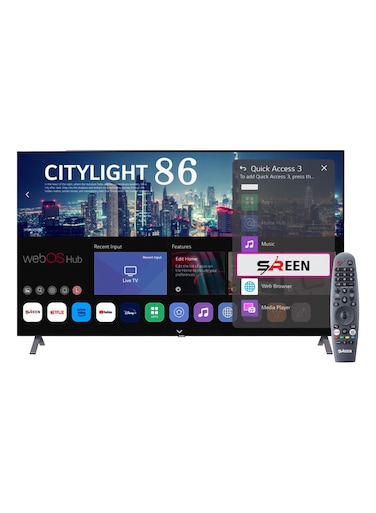 تلفزيون ذكي QLED بشاشة 86 بوصة، بدقة 4K UHD، تصميم بدون إطار، نظام WebOS، يدعم Netflix وYouTube وPrime Video، مزود بمنافذ HDMI وUSB، SRET-86S4KWQ3