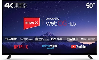 تلفزيون ليد ذكي 50 بوصة 4K UHD من امبيكس   ويب او اس   جهاز تحكم سحري   ثينك كيو AI   ابل اير بلاي وابل هوم   نتفليكس ويوتيوب وبرايم فيديو   لوحة A+   نحيف للغاية   2 × USB و3 × HDMI   فيستا 50