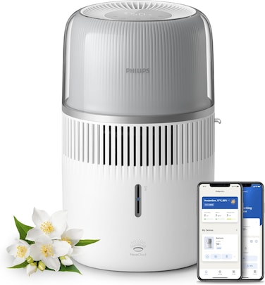 Philips Series 5000 Air Humidifier - Rooms Up To 56 m&sup2;, 400 ml/h Humidification Rate, 37h Continuous Humidification, Ambient lighting, White/Silver - HU5710/00