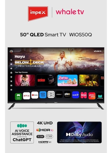 تلفزيون Impex Whale OS الذكي QLED مقاس 50 بوصة، بدقة 4K Ultra HD، ومساعد صوتي ChatGPT AI، وذاكرة داخلية 8 جيجابايت، وذاكرة رام سعة 1.5 جيجابايت، ومنفذا HDMI، ومنفذا USB، Wios50Q، لون أسود