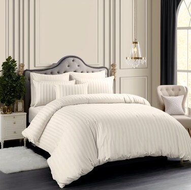 ماستر هومز تيكستا، مفرش فندقي مفرد من مايكروفايبر، يناسب سرير بحجم 120 سم × 200 سم، 5 قطع، مع الحشوة القابلة للنزع، بتصميم خطوط فندقية، كريمي