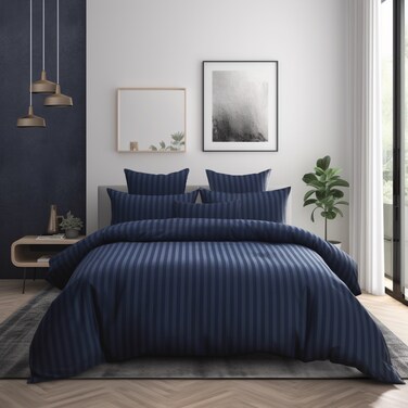 مفرش فندقي مزدوج من مايكروفايبر، يناسب سرير بحجم 200 سم × 200 سم، 9 قطع، مع الحشوة القابلة للنزع، بتصميم خطوط فندقية, أزرق داكن