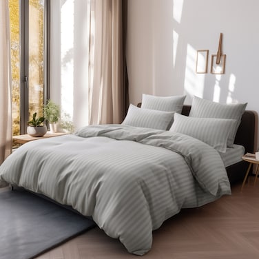 Microfiber Hotel Comforter Sets, Fits 160 cm x 200 cm Size Bed, Duvet Filling Included, 5 Pcs Queen Size, Hotel Stripe Pattern, Grey