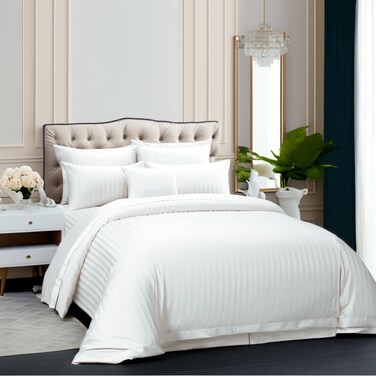 مفرش فندقي مزدوج من مايكروفايبر، يناسب سرير بحجم 200 سم × 200 سم، 9 قطع، مع الحشوة القابلة للنزع، بتصميم خطوط فندقية, لون سكري