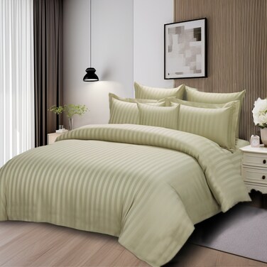 ماستر هومز تيكستا، مفرش فندقي مفرد ونص من مايكروفايبر، يناسب سرير بحجم 160 سم × 200 سم، 5 قطع، مع الحشوة القابلة للنزع، بتصميم خطوط فندقية، أخضر فاتح