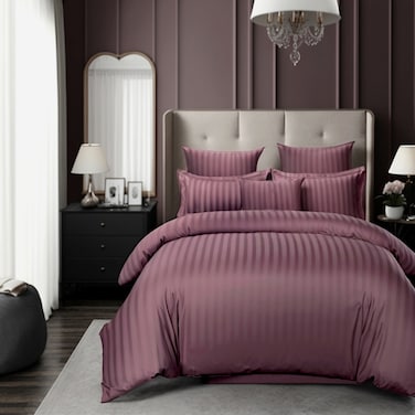 ماستر هومز تيكستا، مفرش فندقي مفرد من مايكروفايبر، يناسب سرير بحجم 120 سم × 200 سم، 5 قطع، مع الحشوة القابلة للنزع، بتصميم خطوط فندقية، الليلاك