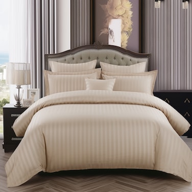 Microfiber Hotel Comforter Sets, Fits 160 cm x 200 cm Size Bed, Duvet Filling Included, 5 Pcs Queen Size, Hotel Stripe Pattern, Medium Beige