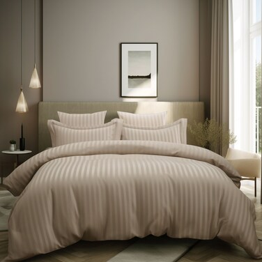 مفرش فندقي مزدوج من مايكروفايبر، يناسب سرير بحجم 200 سم × 200 سم، 9 قطع، مع الحشوة القابلة للنزع، بتصميم خطوط فندقية, بنفسجي جملي