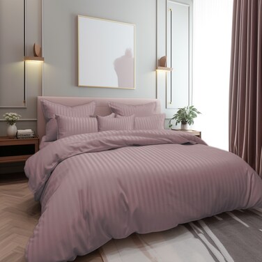 Microfiber Hotel Comforter Sets, Fits 160 cm x 200 cm Size Bed, Duvet Filling Included, 5 Pcs Queen Size, Hotel Stripe Pattern, Purple Grey