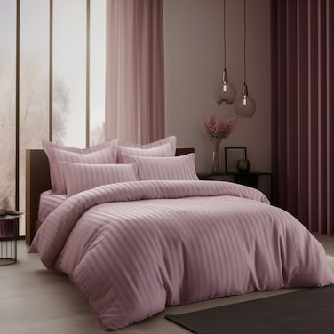 Microfiber Hotel Comforter Sets, Fits 160 cm x 200 cm Size Bed, Duvet Filling Included, 5 Pcs Queen Size, Hotel Stripe Pattern, Purple Pink