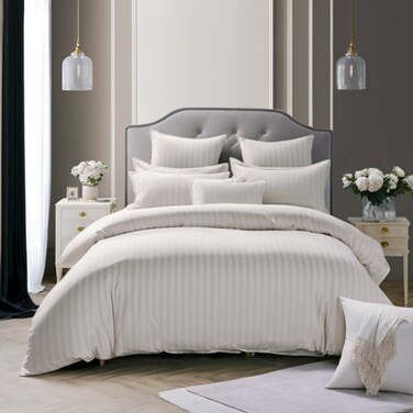 ماستر هومز تيكستا، مفرش فندقي مفرد ونص من مايكروفايبر، يناسب سرير بحجم 160 سم × 200 سم، 5 قطع، مع الحشوة القابلة للنزع، بتصميم خطوط فندقية، الرمادي الفضي