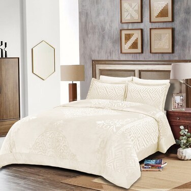 طقم لحاف مخملي، 7 قطع حجم كينج، يناسب سرير 200 × 200 سم مزدوج الحجم،مع الحشوة القابلة للنزع، ناعم، دافئ، كريمي