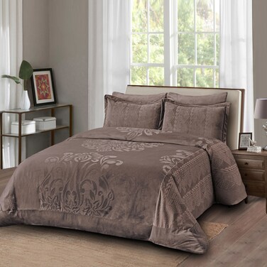 طقم لحاف مخملي، 5 قطع حجم مفرد، يناسب سرير مفرد 120 × 200 سم، مع الحشوة القابلة للنزع،  ناعم، دافئ، بني جديد