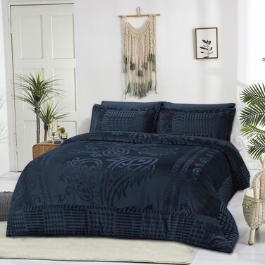 طقم لحاف مخملي، 7 قطع حجم كينج، يناسب سرير 200 × 200 سم مزدوج الحجم،مع الحشوة القابلة للنزع، ناعم، دافئ، أزرق داكن