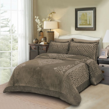 طقم لحاف مخملي، 5 قطع حجم كوين، يناسب سرير 160 × 200 سم كوين،مع الحشوة القابلة للنزع،  ناعم، دافئ، رمادي داكن