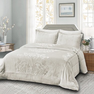 طقم لحاف مخملي، 5 قطع حجم كوين، يناسب سرير 160 × 200 سم كوين،مع الحشوة القابلة للنزع،  ناعم، دافئ، رمادي متوسط