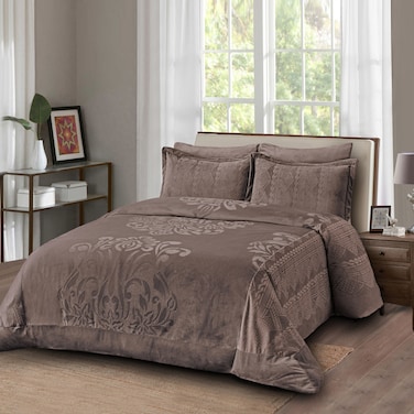 طقم لحاف مخملي، 5 قطع حجم كوين، يناسب سرير 160 × 200 سم كوين،مع الحشوة القابلة للنزع،  ناعم، دافئ، بني جديد