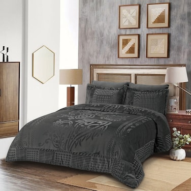 طقم لحاف مخملي، 5 قطع حجم كوين، يناسب سرير 160 × 200 سم كوين،مع الحشوة القابلة للنزع،  ناعم، دافئ، رمادي غامق