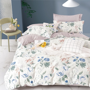 مفرش صيفي ممفرش صيفي مفرد من قطن، يناسب سرير بحجم 120 × 200 سم، 5 قطع، 100% قطن 200 غرزة، مع الحشوة القابلة للنزع، وردي فاتح