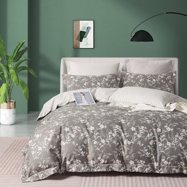 Cotton Floral Comforter Sets, Fits 200 x 200 cm Double Size Bed, 9 Pcs, 100% Cotton 200 Thread Count, With Removable Filling, Dark Grey